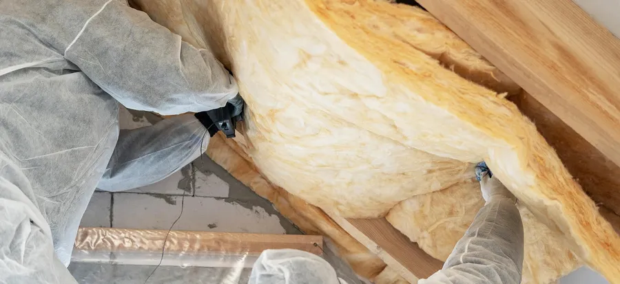 Sanierer im Schutzanzug entfernt gelbe Mineralwolle aus einem Dachstuhl